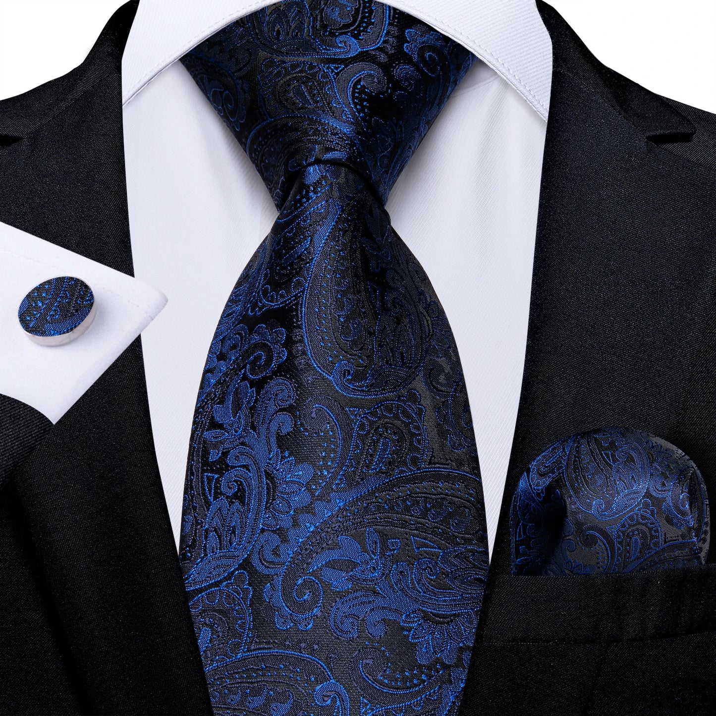 Royal Blue Paisley Plaid Striped Men tie Set with Handkerchief Cufflinks Wedding Prom Groom Accessories Perfect Gift for Men BAZAARHUBO