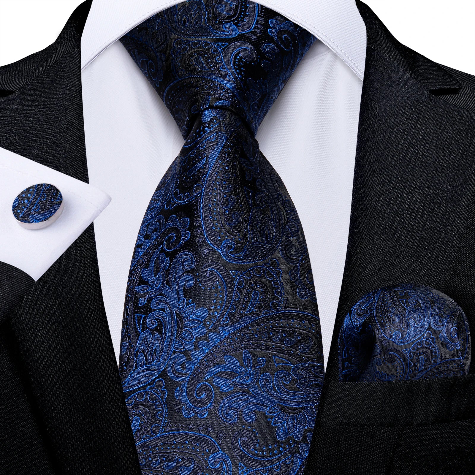 Royal Blue Paisley Plaid Striped Men tie Set with Handkerchief Cufflinks Wedding Prom Groom Accessories Perfect Gift for Men BAZAARHUBO