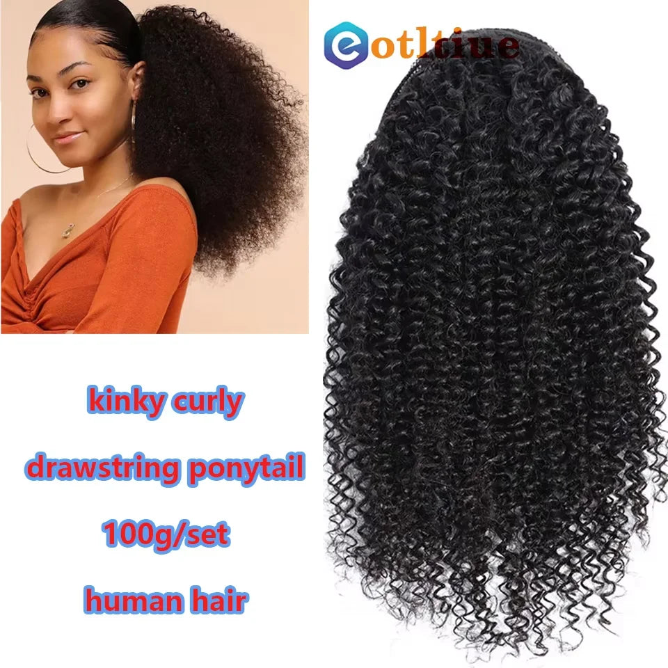 16A Curly Ponytail Extensions Deep Wave Drawstring Ponytail For Women Human Hair With Clip In Thick Ponytail Hair Natural #1B