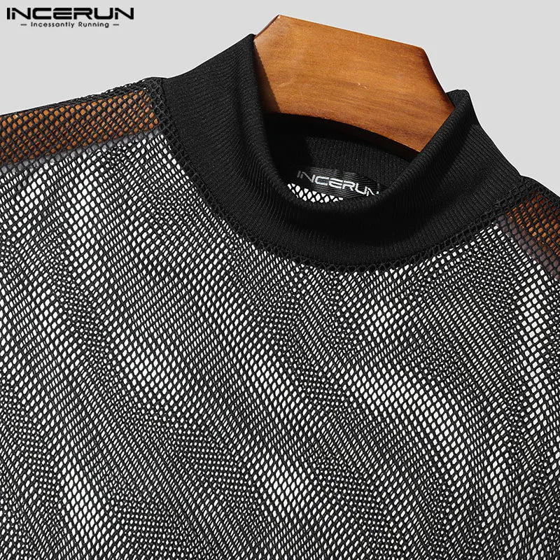 INCERUN Summer T-Shirts Short Sleeve Mesh Tee See Through Hollow Out Tops Tee Men's Clothing Sexy Streetwear Oversize Tops