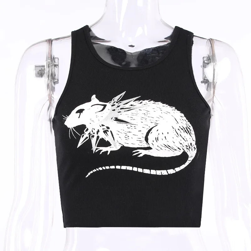 Mouse Print Black Tank Goth Sexy Bodycon Cropped Tops Women Streetwear Harajuku O Neck Knitted Basic Tank Top
