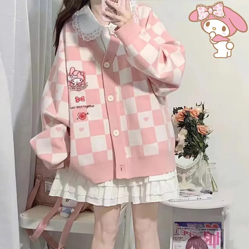 Anime Sanrioed Pompompurin Girls Cardigan Sweater Kawaii Kuromi Cinnamoroll Spring Autumn Knit Coat Loose Sweet Embroidery Tops