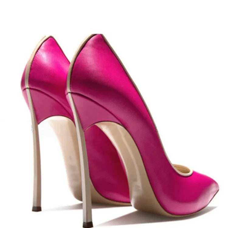 Spring and Autumn New Pointed Shallow Leather Single Shoes Metal Fine High Heel Banquet Dress Customized Large Size Women's Shoe