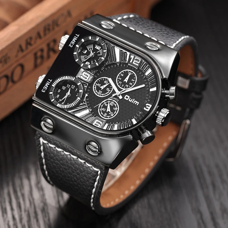 Oulm Top Men's Watches Mens Quartz Casual Leather Strap Wristwatch Sports Man Multi-Time Zone Military Male Watch Clock Relogios