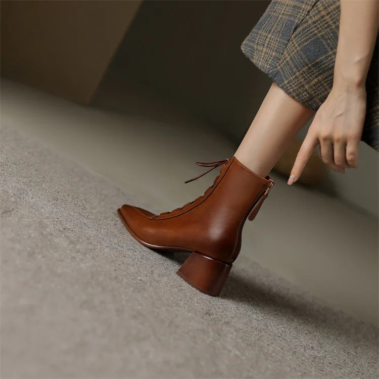 2026 Fashion Women Shoes Split Leather Short Boots Square Toe Chunky Boots Winter Shoes Women Solid High Heel Boots for Women