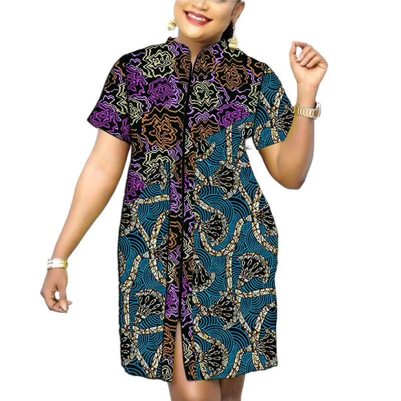 Original Design African Print Women’s Dress Stand Collar Frock Tailored Traditional Party Wear Retro Patchwork Designs