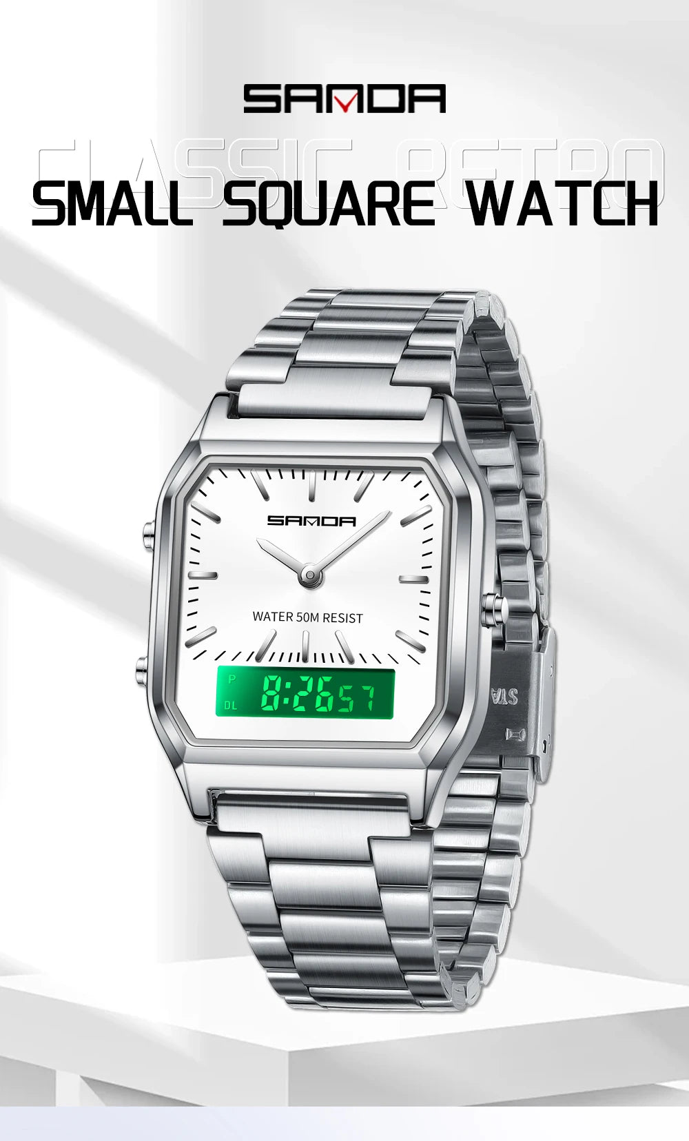 SANDA Men's and Women Watch Fashion Watches Business Style Alarm Clock Man Digital Wristwatch Square Dial Stainless Steel Strap