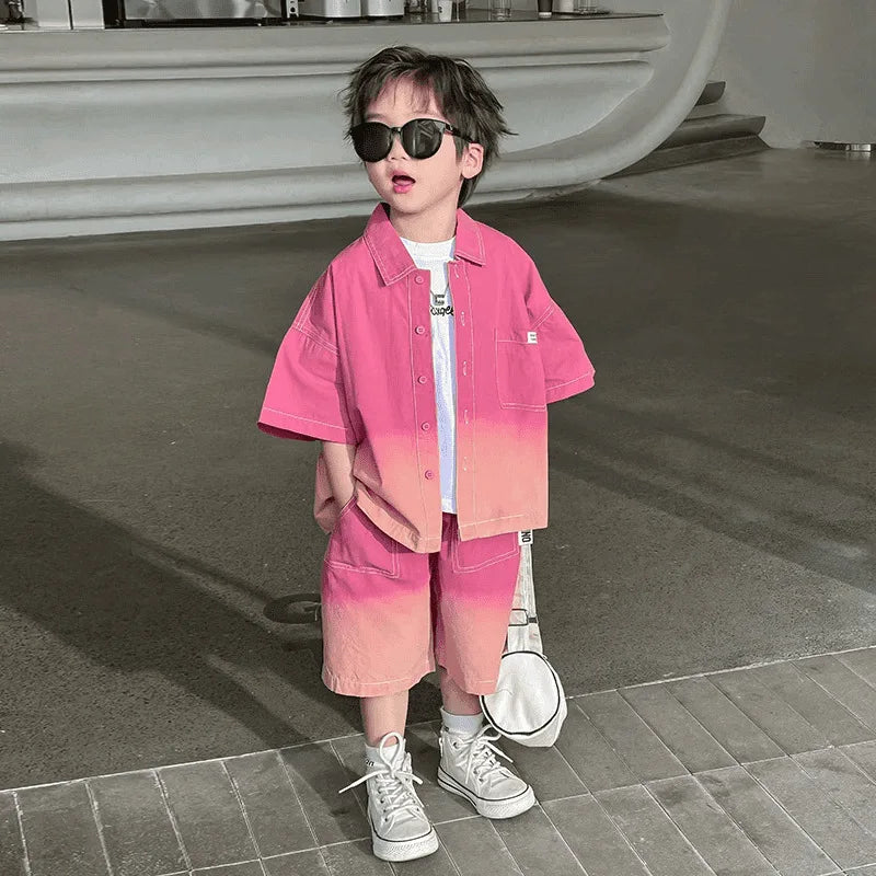 2026 New Boys Fashion Gradient Pink Shirt Shorts Set Loose Fit Casual Kids Two Piece Outfit Breathable Children's Streetwear 3-8