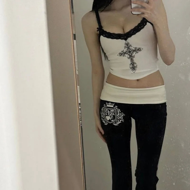 Women Summer Tank Top Y2K Lace Print Slim Fit European American Street Style