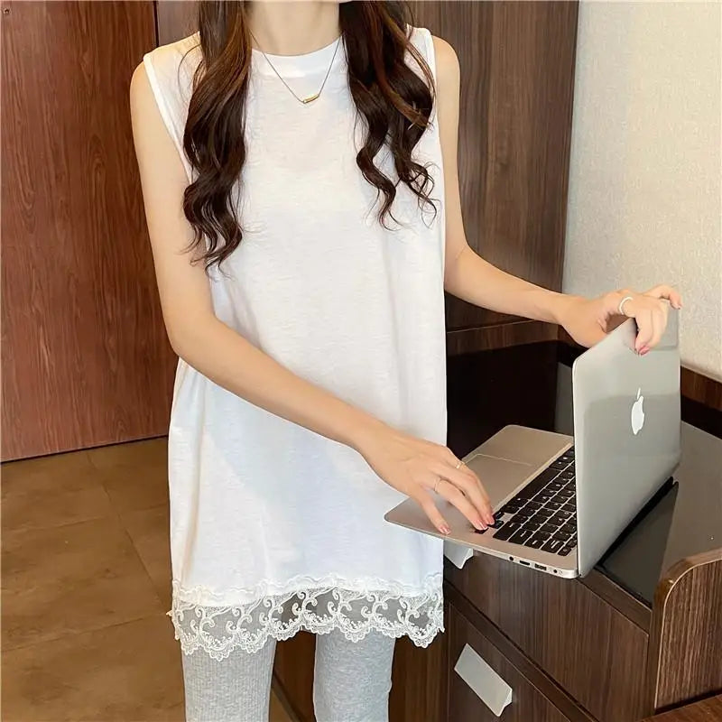 White Tanks Women Solid Lace Sleeveless Loose Tops Leisure Daily Korean Fashion Ins Harajuku Summer Simple 3XL Trendy Basics