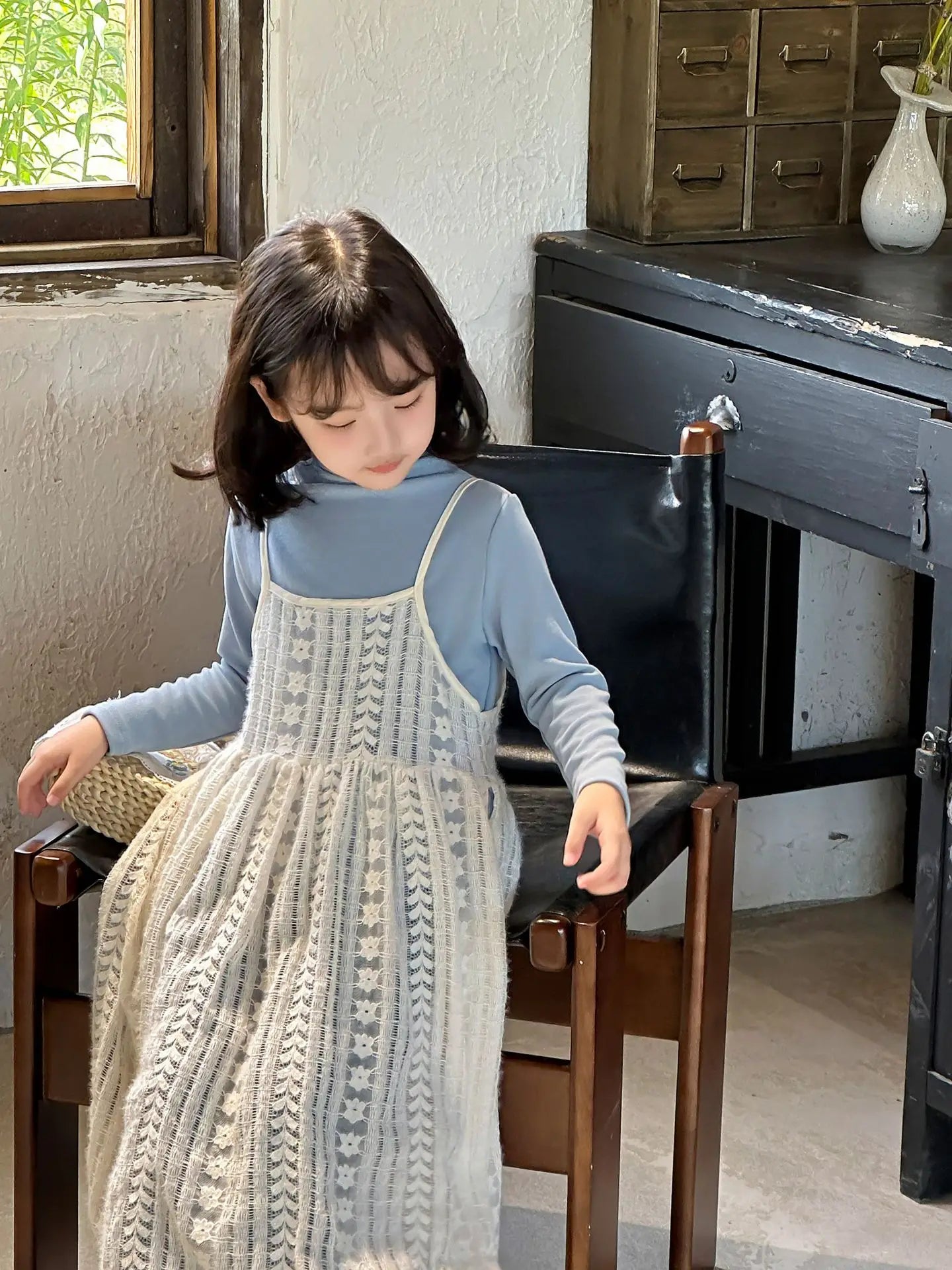 Girl Casual Dresses Autumn Winter Childrens Clothing New Korean 2026 Lace Camisole Skirt Washing Retro Make Old Jeans