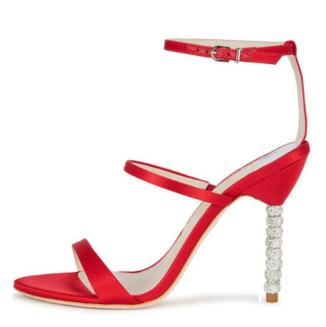 Red Silk Thin Straps Silver Frosting Beads Heels Sandals Wedding High Heels Cutout Open Toe Metal Beading Heels Banquet Shoes