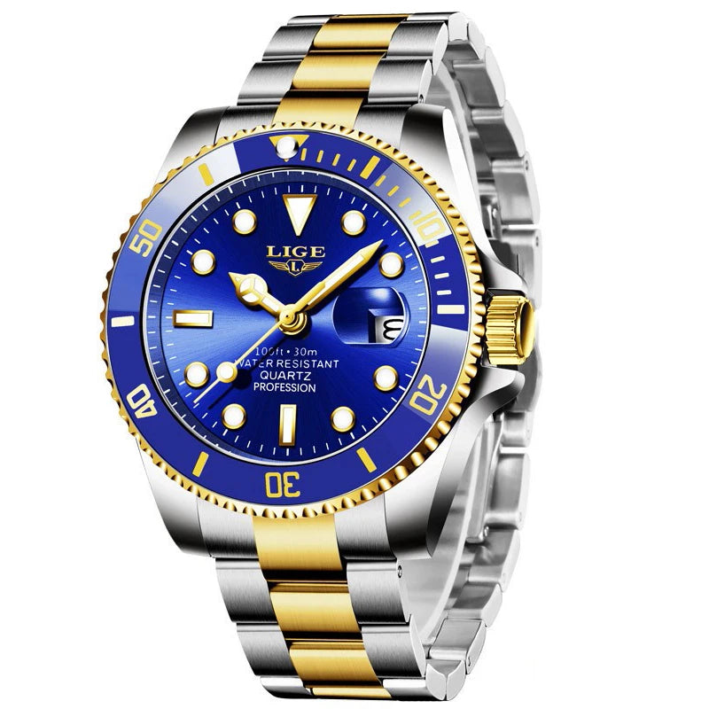 LIGE Top Original Men Quartz Watches Blue Waterproof Watch for Men Stainless Steel Quartz Men Luxury Watch Luminous Wristwatch