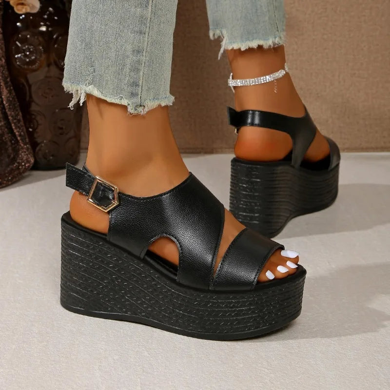 Open-toe slope sandals leather strap Roman shoes 2025 summer fashion lightweight thick sole non-slip high heels women's shoes