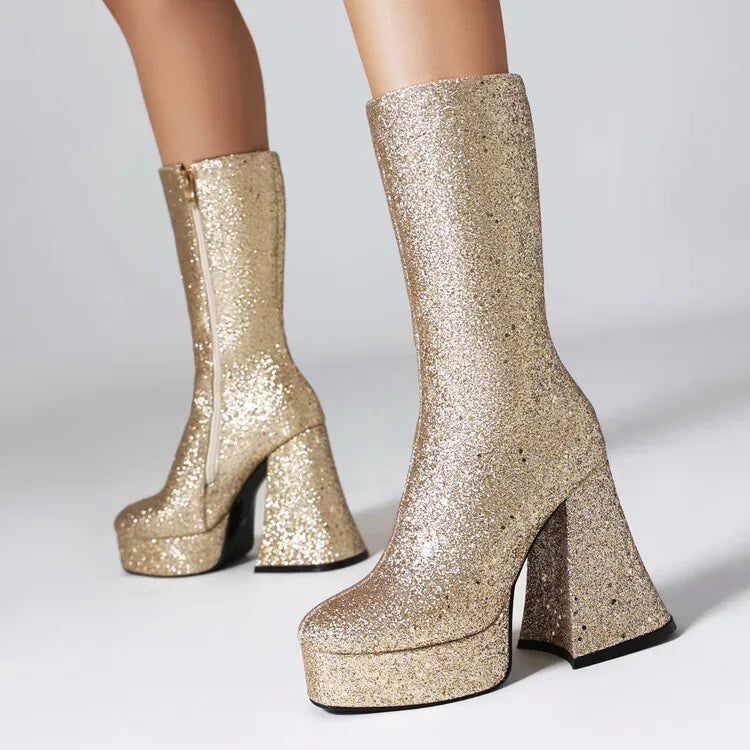 Ochanmeb Women Gold Sequins Boots Platforms Super High Chunky Heels Pink Mid-Calf Boots Gothic Zipper Woman Silver Glitter Shoes