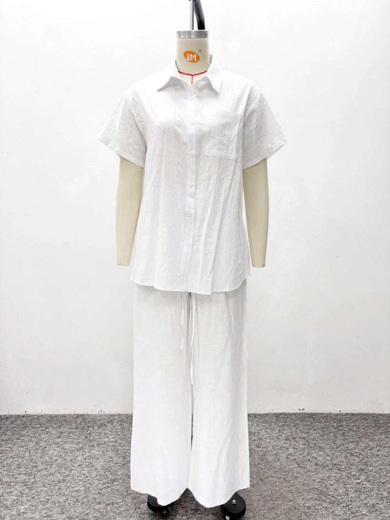 African Fashion Casual Solid Women Pant Sets Two Pieces Matching Set Short Sleeves Loose Shirt Elastic Waist Pants Set