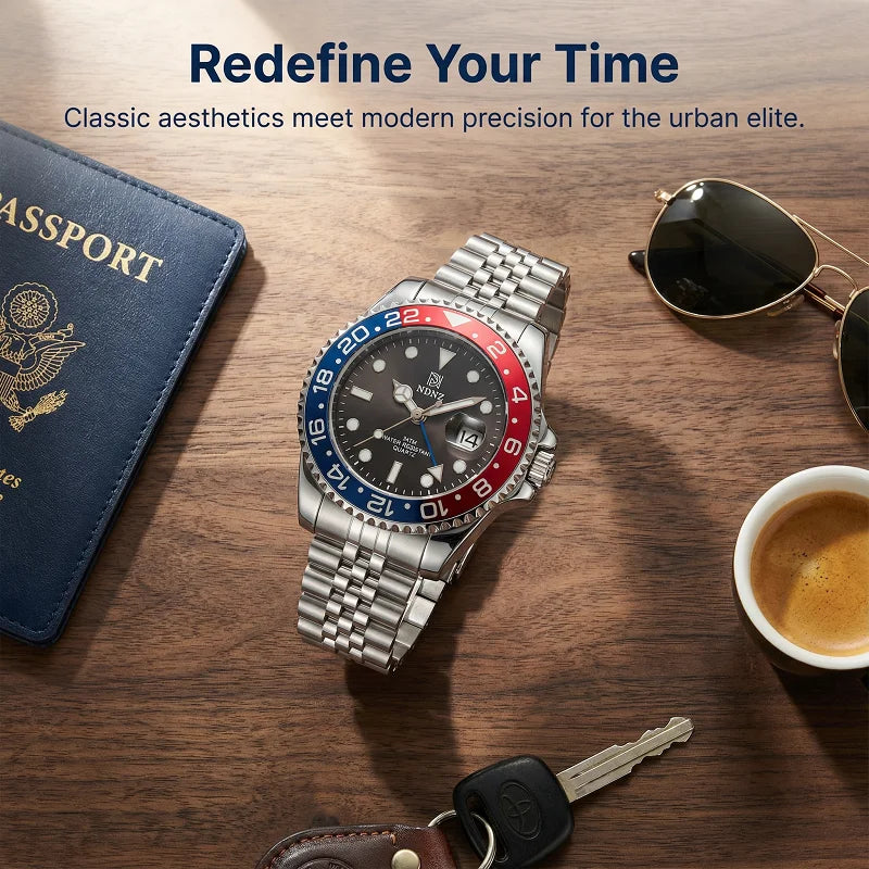 Men's GMT Style Quartz Watch, 3ATM Waterproof Stainless Steel Band, Black Blue Bezel Luminous Wristwatch with Date Display
