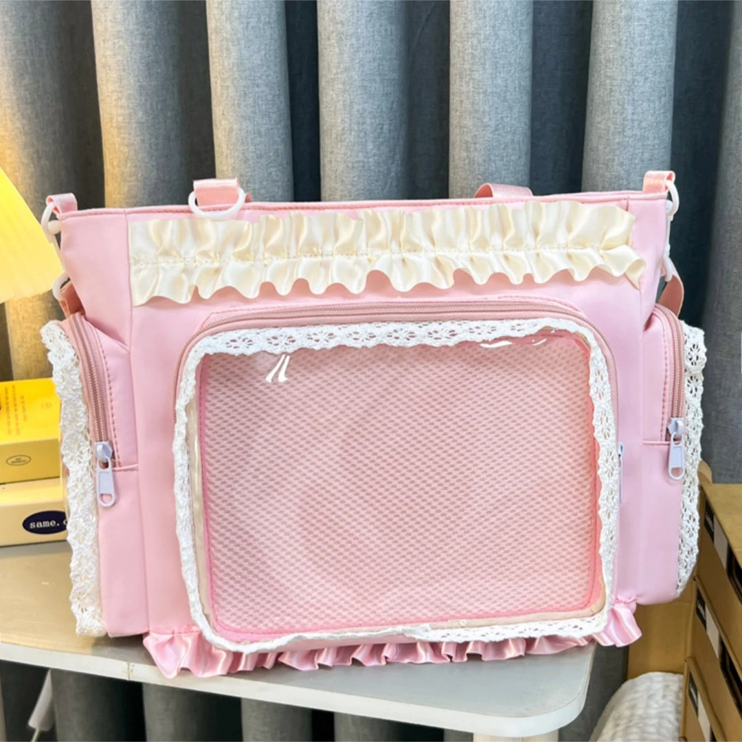 Sweet Lolita Single Shoulder Crossbody Bag Transparent Window Lace Ruffles Anime Badge Display Bag for Women