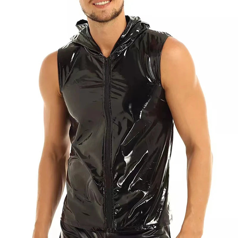 Men PVC Hoodies Tank Tops PU Leather Zipper Sleeveless Latex Hooded Shirts Vest Sexy Party Clubwear Fitness T-shirts Streetwear