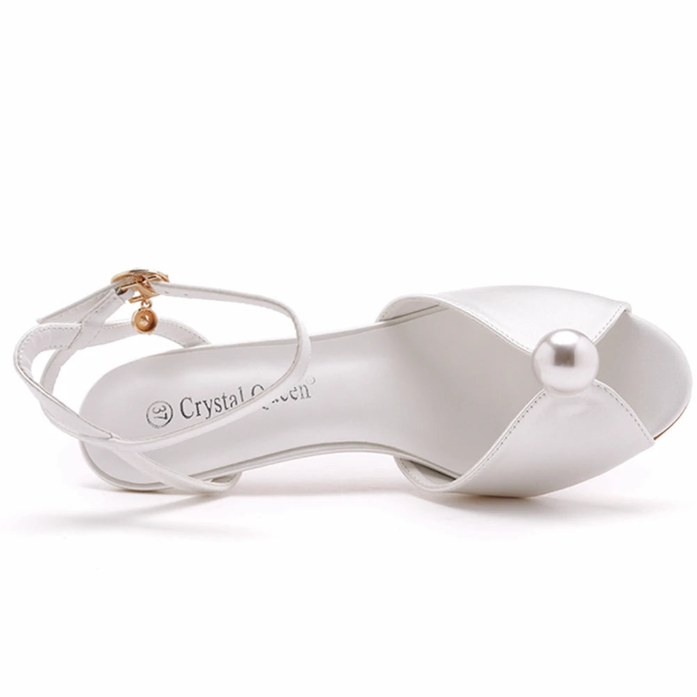 Crystal Queen Banquet Dress Sandal White Silk Pearl Lady Wedding Shoes Women Stiletto Open Toe 6CM High Heels