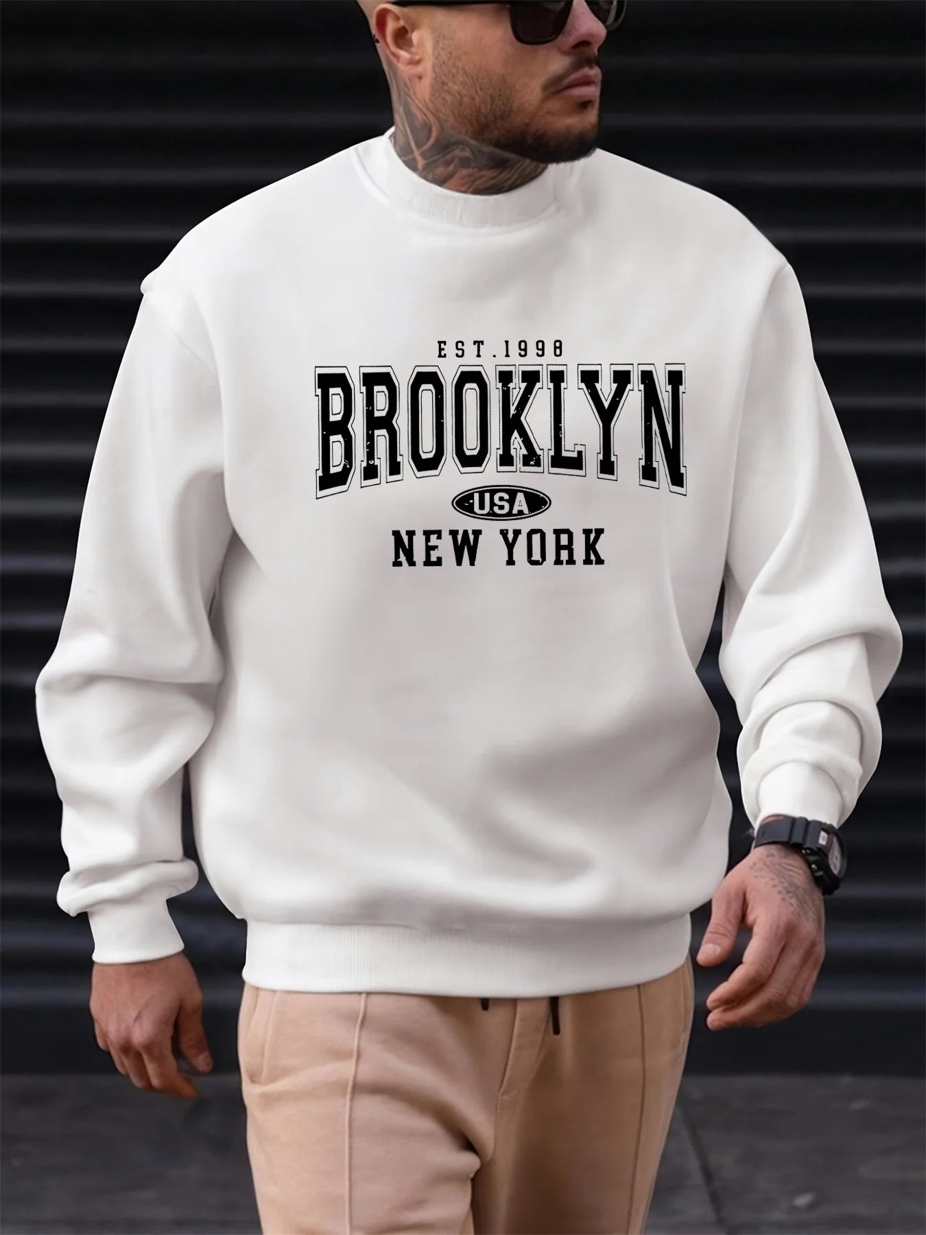 Men's autumn and winter fashionable casual loose Brooklyn letter pattern printed long sleeved round neck sweatshirt BAZAARHUBO