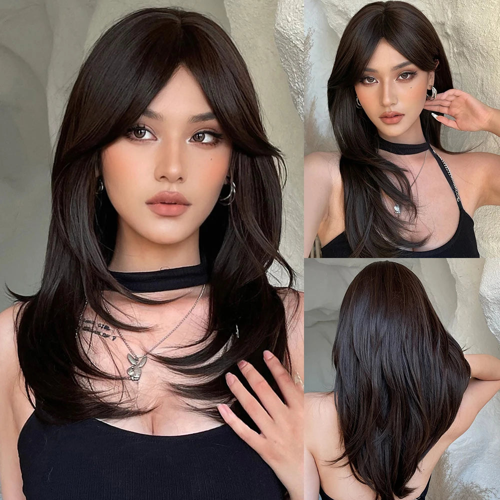 Dark Brown Black Synthetic Wigs Long Straight Layered Wig with Bangs Cosplay Party for Women Afro Natural Heat Resistant Hair