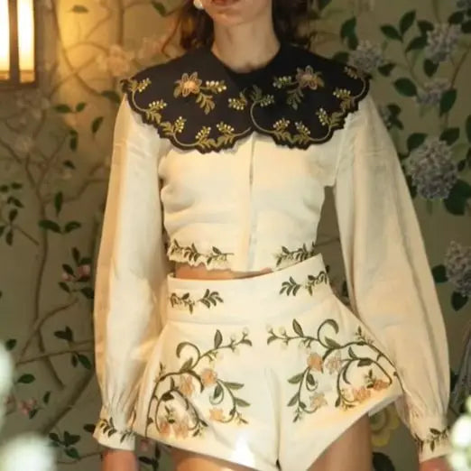 Women 100% Linen 2 Piece Set Heavy Embroidery Detachable Collar Lantern Sleeve Shirt tops & High Waist Casual Shorts