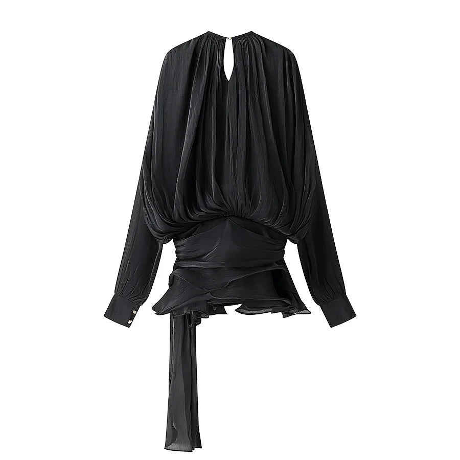 Dress Set Sweet Women Top Elegant Lantern Yarn Dress Women Spring New Short Waist Cinched Irregular Ruffle Edge Tie 9D6O