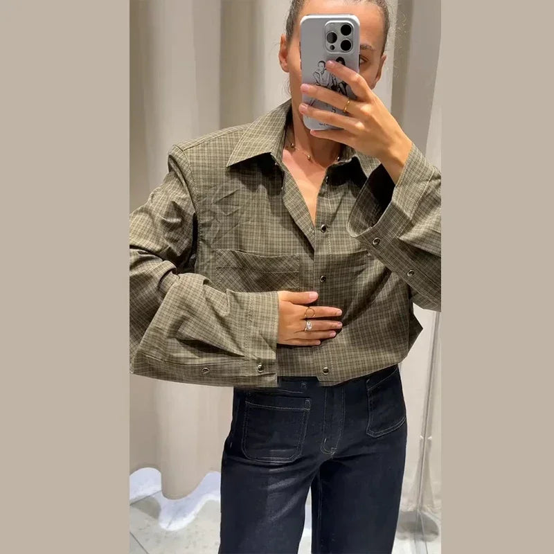 Casual Women's Green Plaid Shirts Loose Lapel Long Sleeve Single Breasted Pockets Female Shirt 2025 Autumn Lady All-match Tops