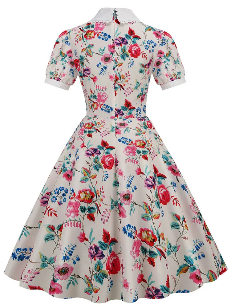 Women Vintage Dress Floral Print Peter pan Collar Elegant Party Dress Puff Short Sleeve Pin Up 50s Party Sundress 3XL