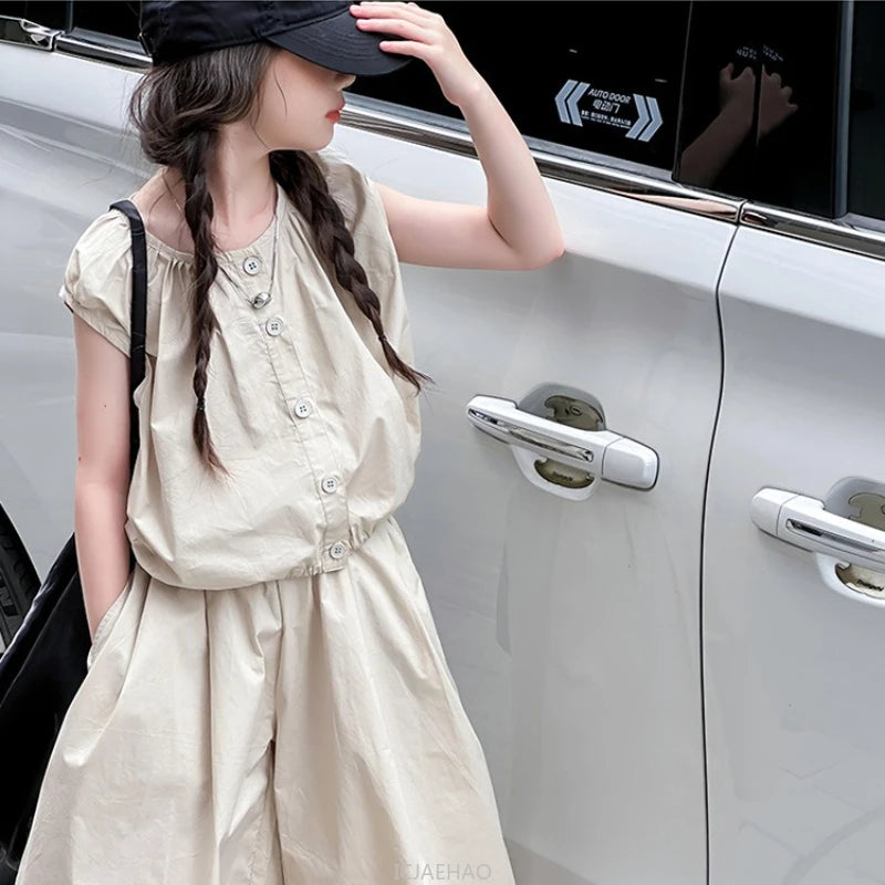 2025 Girls Summer Casual Outfit Big Kids Short Sleeve Top Capris Pants Two Piece Set Matching Big Kids Fashion Suit Holiday Wear