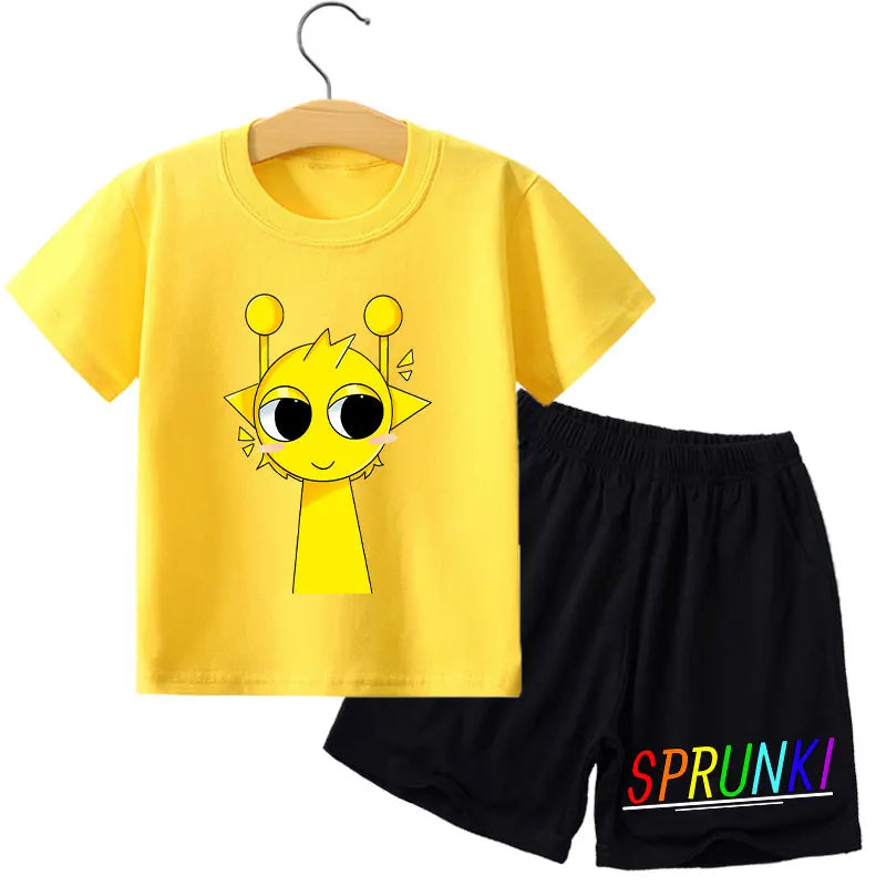 Kids 2 Piece Outfit Sprunki Red Face Character T-Shirt + Shorts Set Boys Girls 100% Cotton Casual Summer Pajamas Set