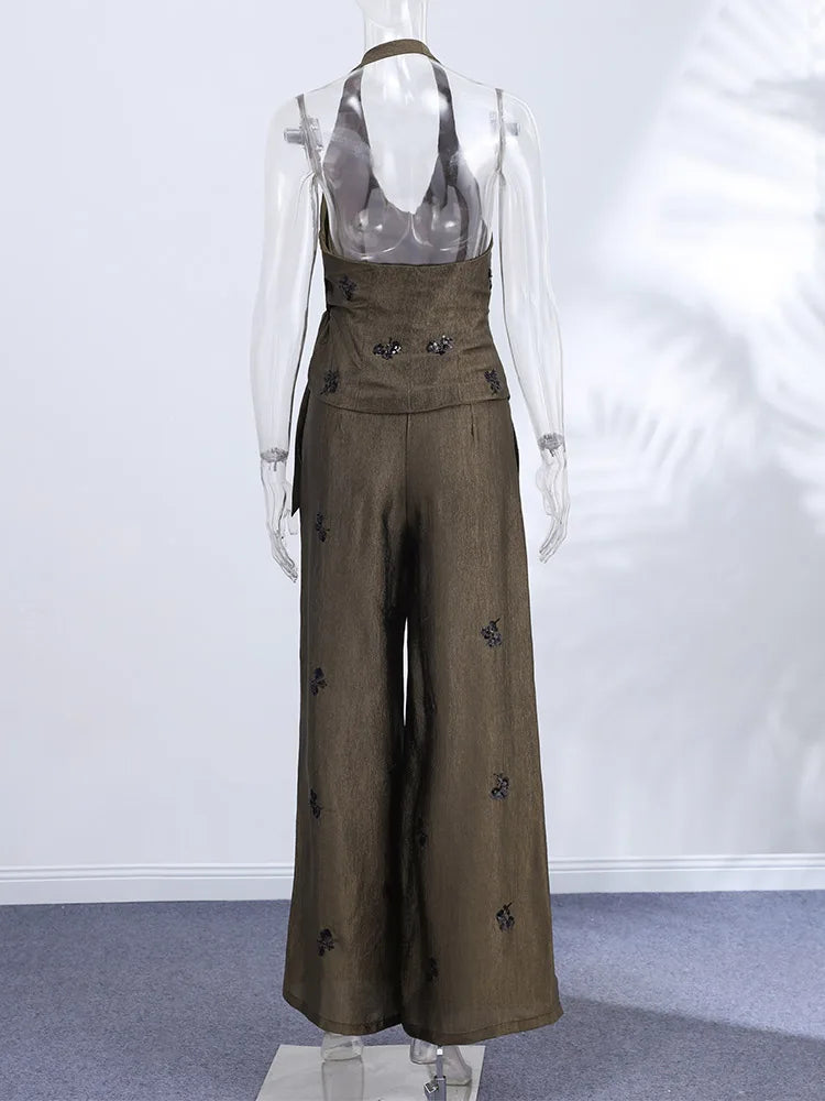 Sequin Two-Piece Set Women's Floral Set Halter Neck Wrap Top Wide-Leg Pants Trousers Party Co-Ord Vacation Wear Woman Clothes