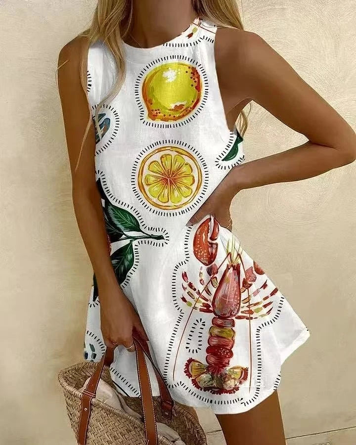 Printed Sleeveless Shirt Dress For Women Round Neck Spring Summer Loose Fit