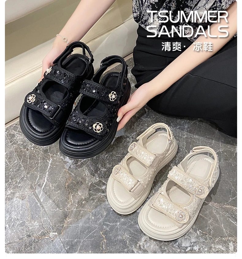 Women's Platform Sandals Handmade Leather Rubber Bottom Flat Sandals Metal Decorative Element Summer Casual Ladies Outdoor Shoes