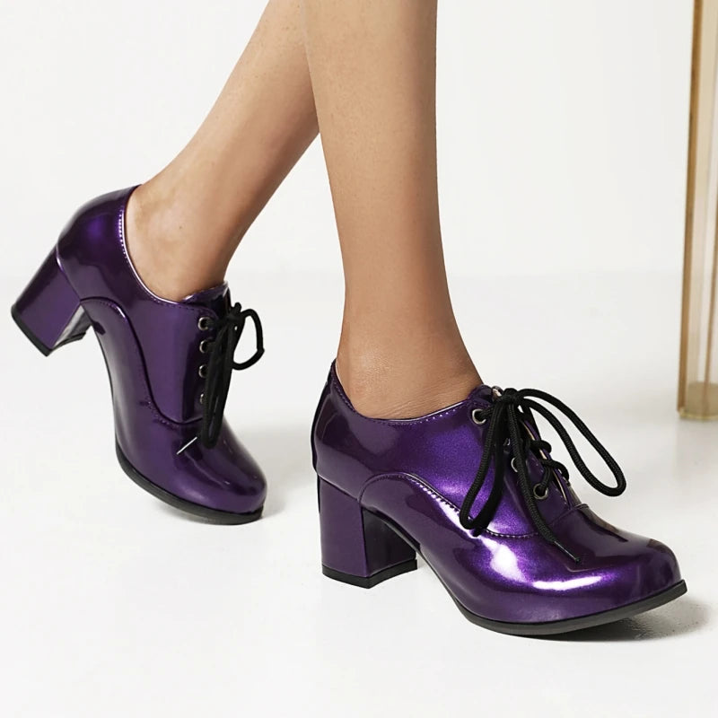 Women's Purple High Heels Loafer Shoes Fashion Lace-up Black White Block Heeled Party Wedding Office Shoes Female Big Size 45