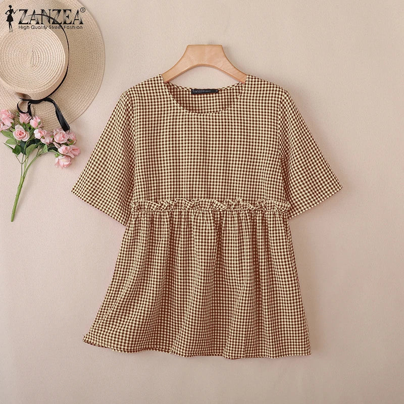 2025 ZANZEA Women Plaid Checked Blouse Summer Casual O Neck Short Sleeve Blusas Loose Tops Stylish Ruffled Work Shirt Oversize