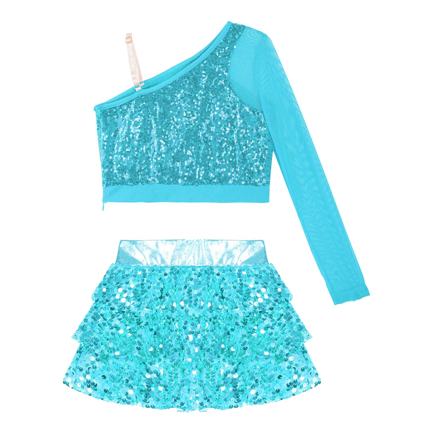 Kids Girls Dance Dresses Latin Jazz Modern Dance Show Costume Sequin Long Sleeve Crop Tops and Skirted Culottes Cheer Dancewear