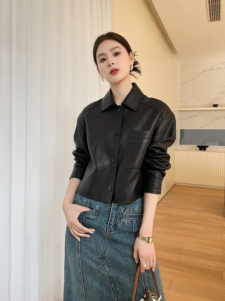 Casual Black Natural Sheepskin Coats for Women Spring Autumn 2026 New Trend High-end Simple Soft Short Genuine Leather Jacket