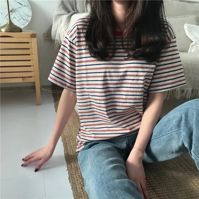MRMT 2026 Brand New Women's Striped t-Shirts Contrast Color Striped Women t Shirt Loose Woman Bottoming Shirts Tops Tees