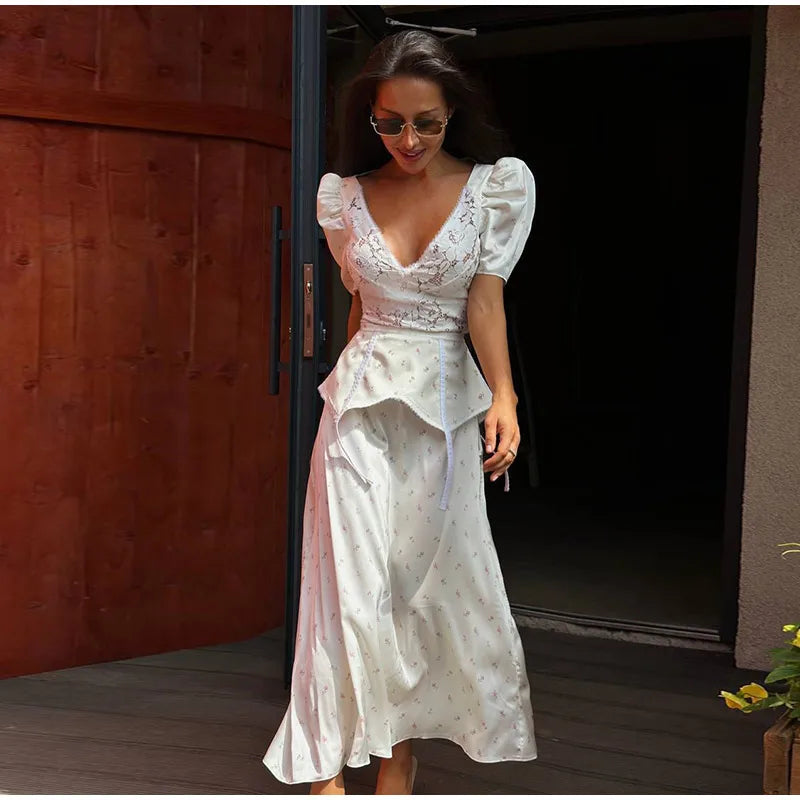 Lace Trim Satin Peplum Midi Dress Deep V-Neck Puff Sleeve A-Line 2026 Spring Summer Chic Elegant Romantic Women Cocktail Dress