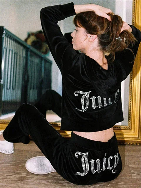 Two Piece Set Diamonds Hoodie Crop Jacket And Joggers Pants Outfits Streetwear Jogging Suits Juicy Corture Tracks