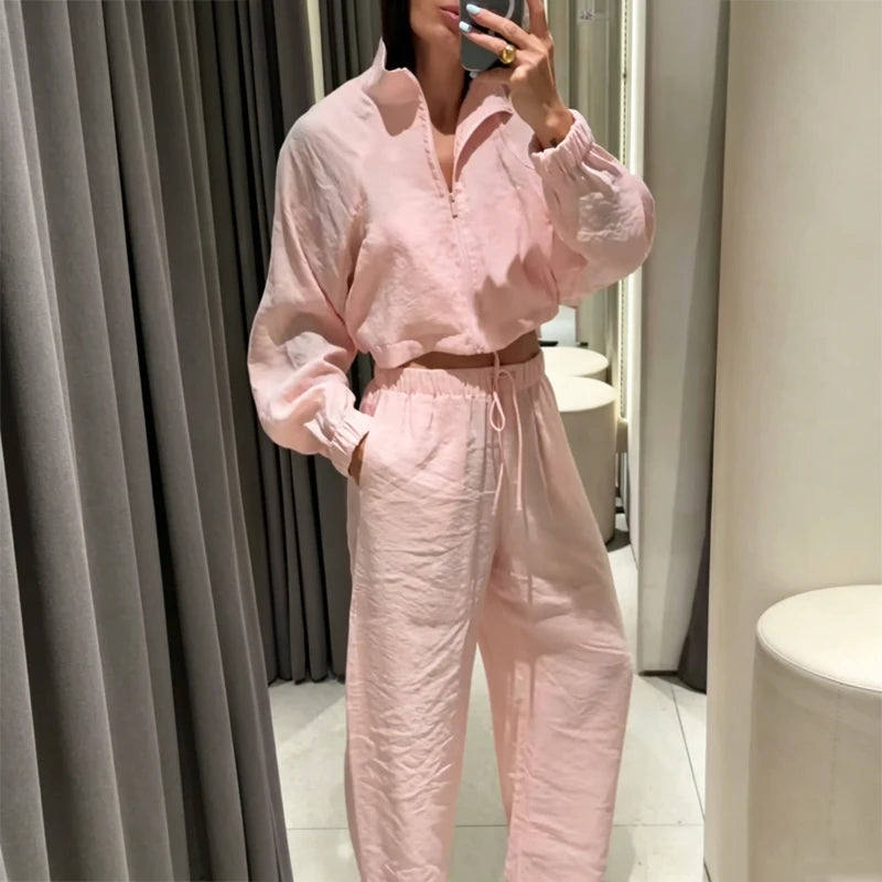 HXAO Women's 2 Piece Tracksuit Set Cropped Jacket Pants Sets Summer Long Sleeve Zip Up Top Wide Leg Trouser Suit Pink Sportswear
