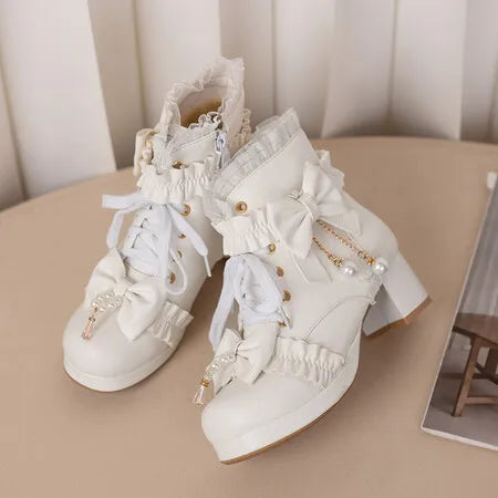 Lolita Great Quality Block High Heels Women Ankle Boots White Shoes Lace Decor Lace Up Chunky Heeled Bow Boots for Women Verclo