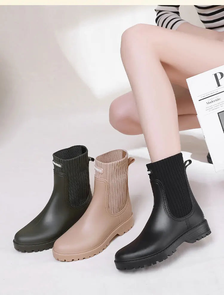 Designer Rain Boots Women's Waterproof Shoes Rainy Ladies Pink Fur Rubber Rainshoes Woman Galoshes Non-slip Pull-on Rain Boots
