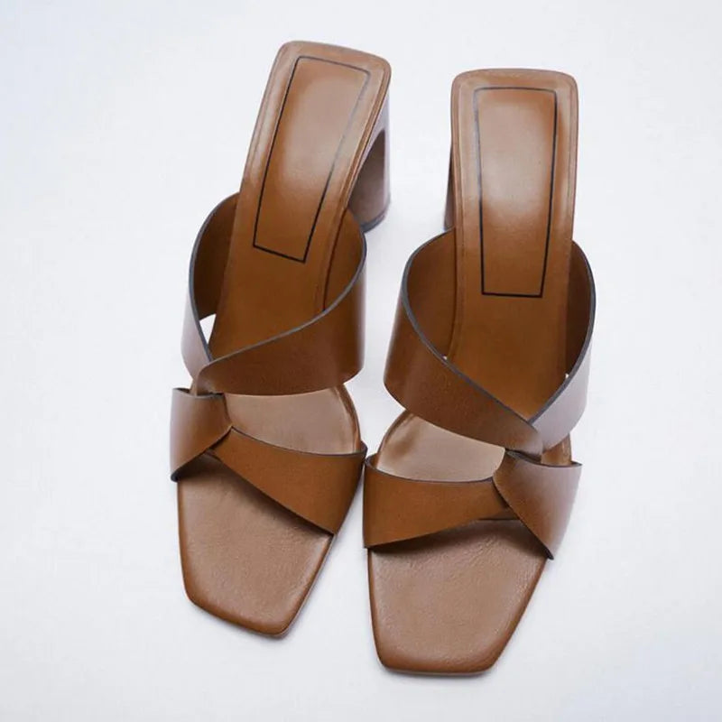 Summer new women's shoes brown black thick-heeled cow leather sandals square toe cross with open toe back high heels slippers