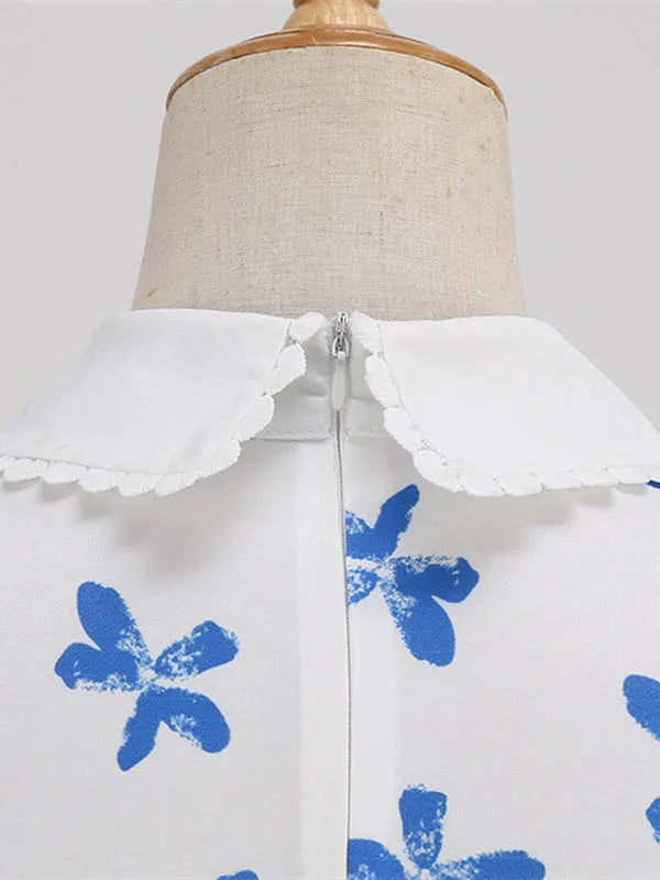 Women Vintage Dress Floral Print Peter pan Collar Elegant Party Dress Puff Short Sleeve Pin Up 50s Party Sundress 3XL