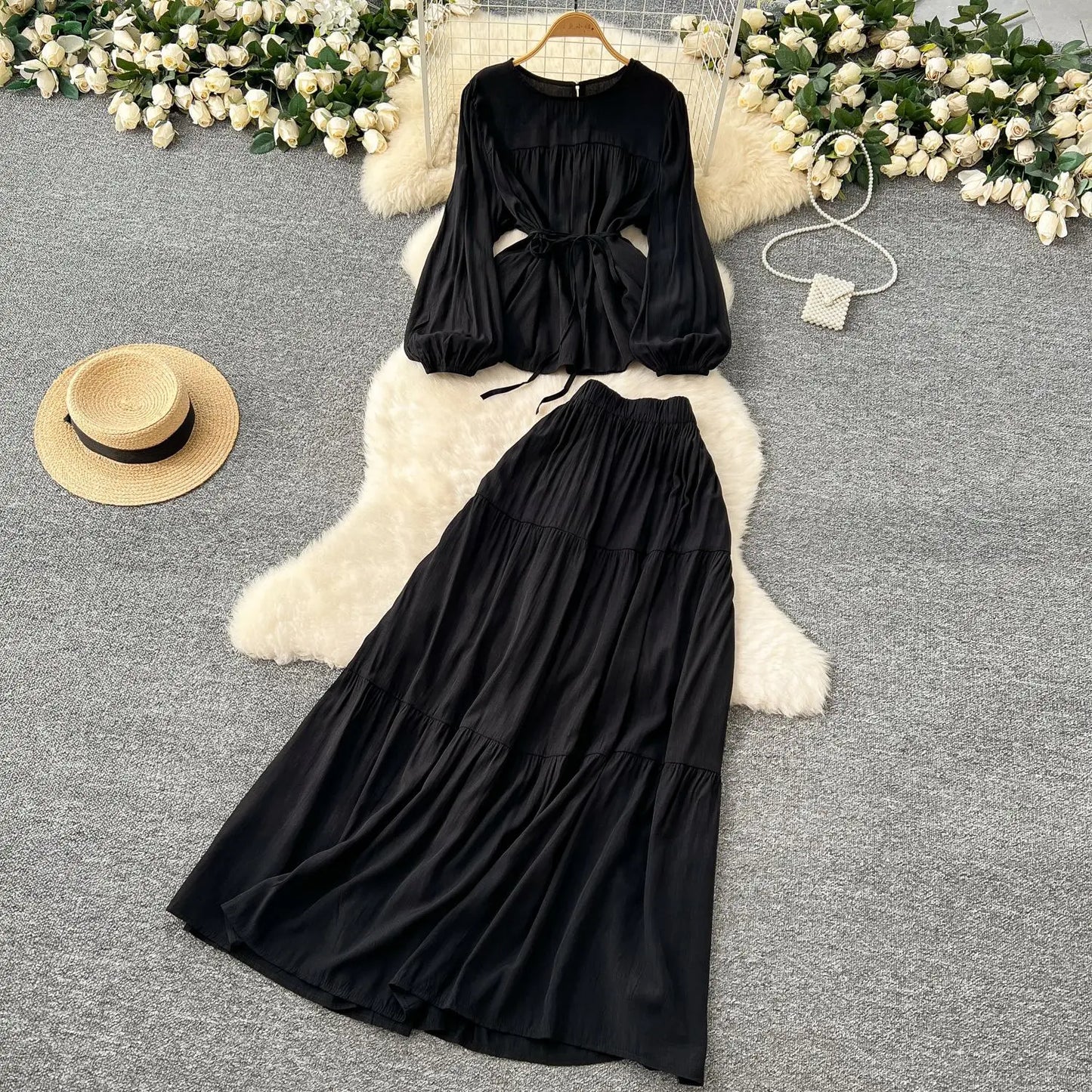 Skirt Set Women Dress Sets Two Piece Sets Round Neck Elegant Casual Loose Tops A Line Long Skirts Elastic Waist Y2k Streetwear