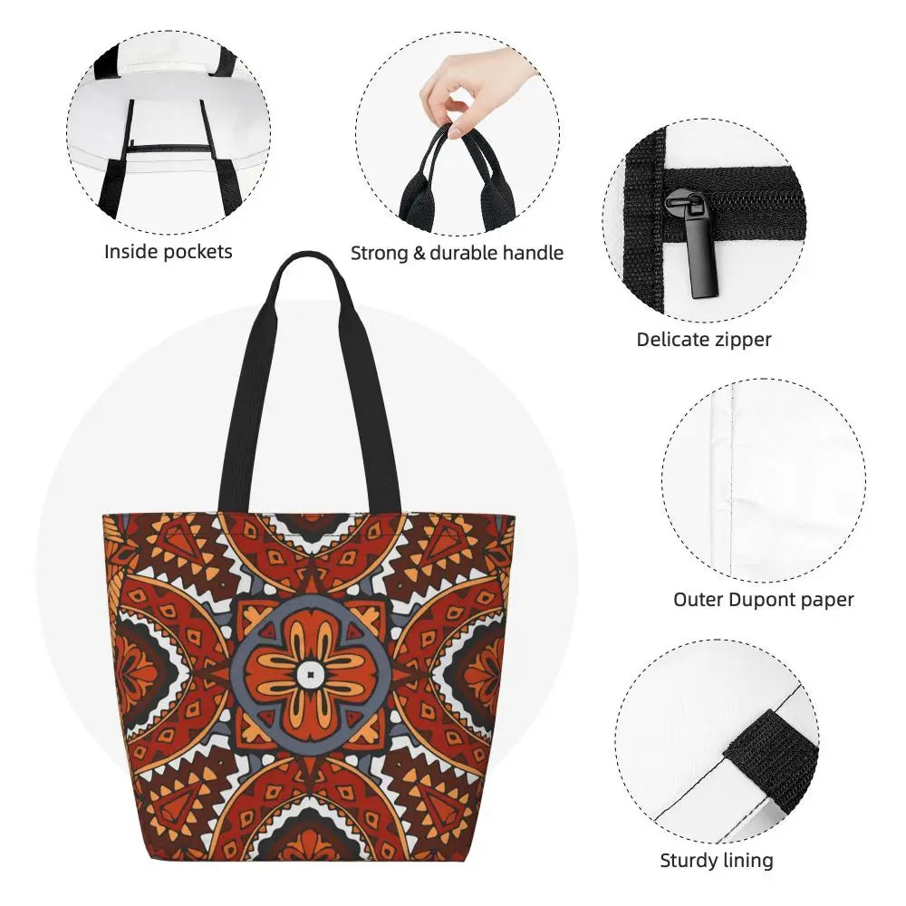 African Ankara Prints Grocery Shopping Tote Bags Women Geometric Ethnic Art Canvas Shoulder Shopper Bags Big Capacity Handbag