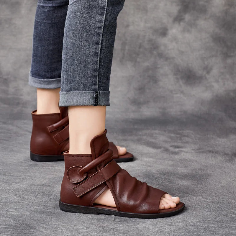 Summer Genuine Leather Cool Boots Women's Vintage Flat Bottom Sandals Women's Topcoat Cowhide Open Toe Zipper Thick Sole Ro